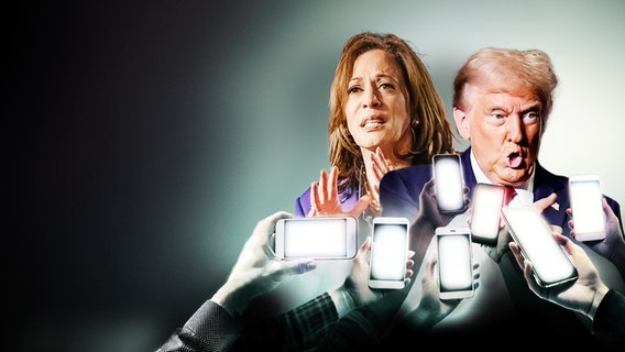 Collage: Kamala Harris und Donald Trump stehen vor Händen, die ein Smartphone halten. © picture alliance/dpa/AP/newscom, NDR Foto: Matt Rourke, Tannen Maury