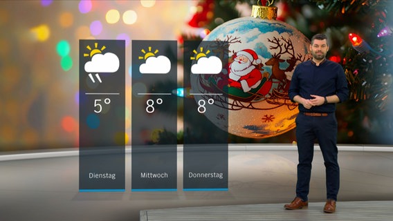 NDR Moderator Sebastian Wache steht im Studio mit der Wettervorhersage © NDR 