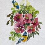 Meisen Christrosen rot Blumen Tiere Vögel Aquarell malen