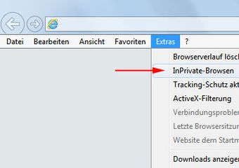 Internet Explorer privater Modus über Menü
