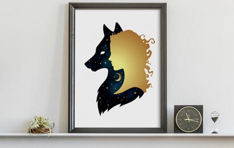 Poster goldene Frau und Wolf