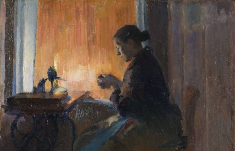 Harriet Backer, Im Lampenlicht, Detail, 1890 (Nasjonalmuseet for kunst, arkitektur og design, The Fine Art Collections, Oslo)