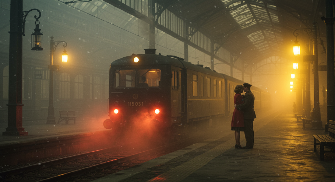 AI-generated image using the prompt: a foggy 1940s European train station at dawn, framed by intricate wrought-iron arches and misted glass windows. Steam rises from the tracks, blending with dense fog. Two lovers stand in an emotional embrace near the train, backlit by the warm, amber glow of dim lanterns. The departing train is partially visible, its red tail lights fading into the mist. The woman wears a faded red coat and clutches a small leather diary, while the man is dressed in a weathered soldier’s uniform. Dust motes float in the air, illuminated by the soft golden backlight. The atmosphere is melancholic and timeless, evoking the bittersweet farewell of wartime cinema.