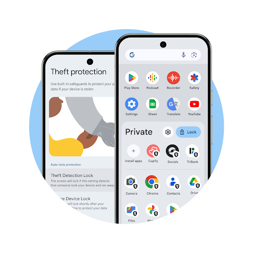 In einem blauen Kreis sind zwei Pixel Smartphones zu sehen. Auf dem einen Display werden die Einstellungen für den Diebstahlschutz und auf dem anderen ein vertrauliches Profil angezeigt.