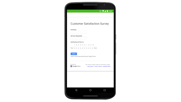 UI Google Formulir yang menampilkan "Customer Satisfaction Survey" dengan kolom tanggapan. 