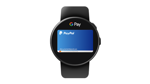 Auf einem Android-Smartphone wird Google Wallet ein PayPal-Konto hinzugefügt, damit Wallet für Zahlungen auf einer Wear OS-Smartwatch genutzt werden kann.