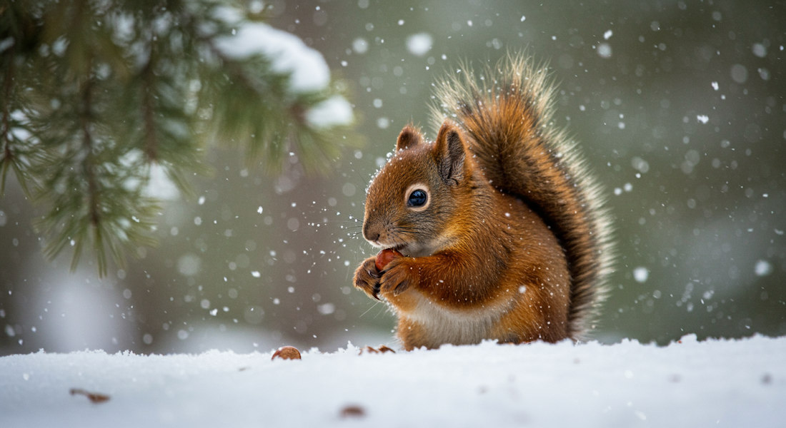 AI-generated image using the prompt: a close-up shot captures a winter wonderland scene – soft snowflakes fall on a snow-covered forest floor.  Behind a frosted pine branch, a red squirrel sits, its bright orange fur a splash of color against the white. It holds a small hazelnut. As it enjoys its meal, it seems oblivious to the falling snow.