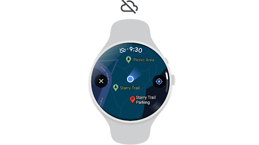 In Google Maps wird eine Offlinekarte für einen Wanderweg auf ein Android-Smartphone heruntergeladen und dann offline auf einer Wear OS-Smartwatch abgerufen.