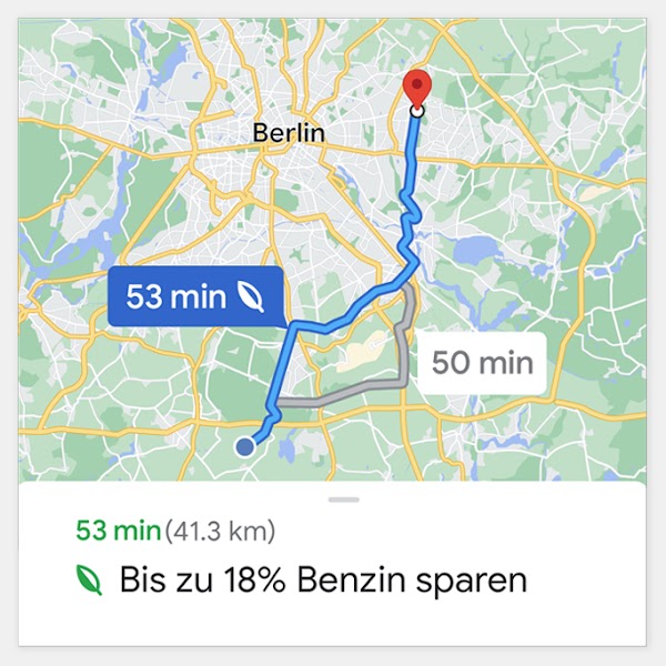 Ein Screenshot von Google Maps, welcher eine klimafreundliche Route, bei der Benzin eingespart werden kann, aufzeigt