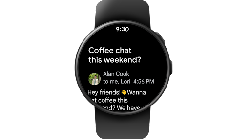 Ein Gmail-Posteingang wird durchsucht, eine E-Mail gelesen und diese E-Mail dann den Favoriten auf einer Wear OS-Smartwatch hinzugefügt.