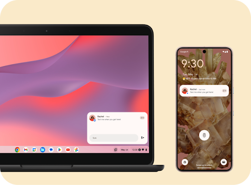 Ein Chromebook und ein Smartphone befinden sich nebeneinander, auf beiden Geräten wird eine Benachrichtigung zu einer Nachricht von Rachel eingeblendet.