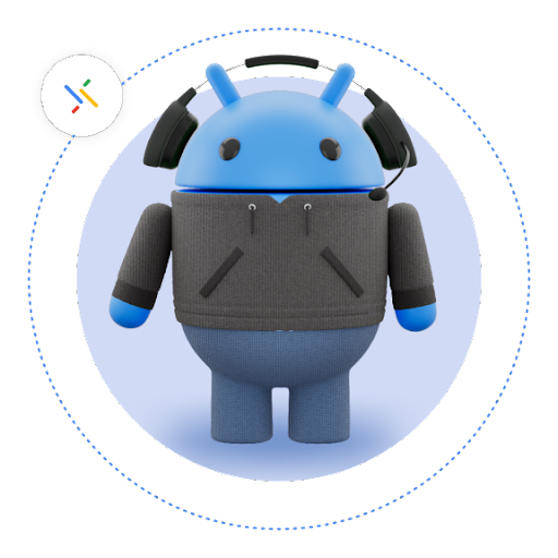 Ein blauer Android-Roboter, der Kopfhörer und ein graues Hemd trägt. Er ist von einer gepunkteten Linie umgeben, auf der das Kopplungssymbol zu sehen ist.