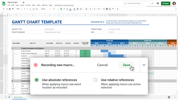 Diagram Gantt di Google Spreadsheet dengan opsi "Record a new macro". 