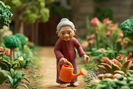 AI generated image of a claymation scene. A medium wide shot of an elderly woman. She is wearing flowing clothing. She is standing in a lush garden watering the plants with an orange watering can