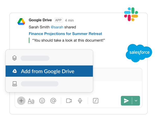 صورة توضّح عملية استيراد ملف من Google Drive إلى تطبيق خارجي، مثل Salesforce
