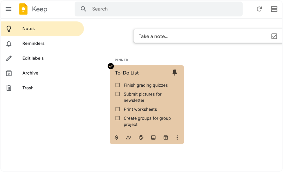 Google Keep 開啟時的畫面，顯示固定於該頁面頂端，且輸入在橘色便利貼中的待辦事項檢查清單。