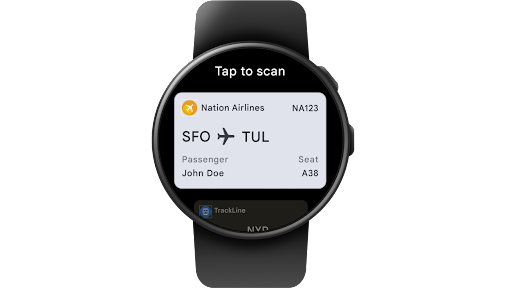 Auf einer Wear OS-Smartwatch wird Google Wallet geöffnet und dann der QR-Code für eine National Airlines-Bordkarte abgerufen.