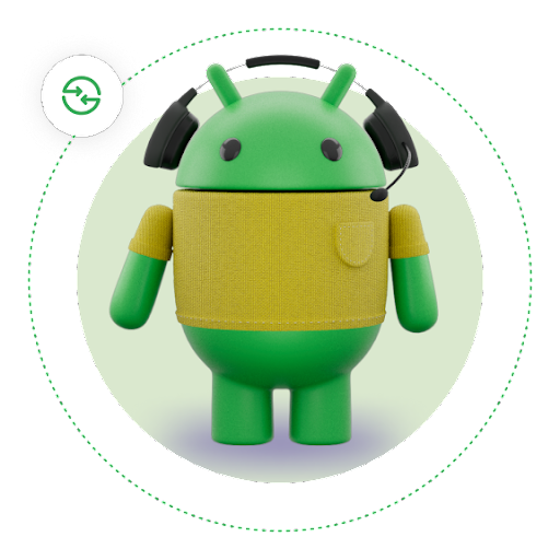 Ein grüner Android-Roboter, der Kopfhörer und ein braunes Hemd trägt. Er ist von einer gepunkteten Linie umgeben, auf der das Quick Share-Symbol zu sehen ist.