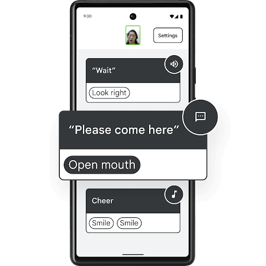Android の画面の中央上部に人の顔が小さく表示されている。その下に 3 つのバナーが表示され、顔のジェスチャーでアクティブ化できるアクションの項目を示している。1 つには「待機」と書かれ、もう 1 つには「右を向く」と書かれている。その下に「こちらに来てください」と書かれ、その下に「口を開ける」と書かれている。さらに下には「Cheer」と書かれ、その下には「笑顔」と 2 回書かれている。