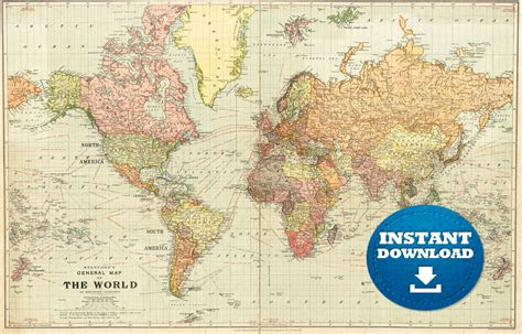 digital vintage flair world map art printable  map vintage