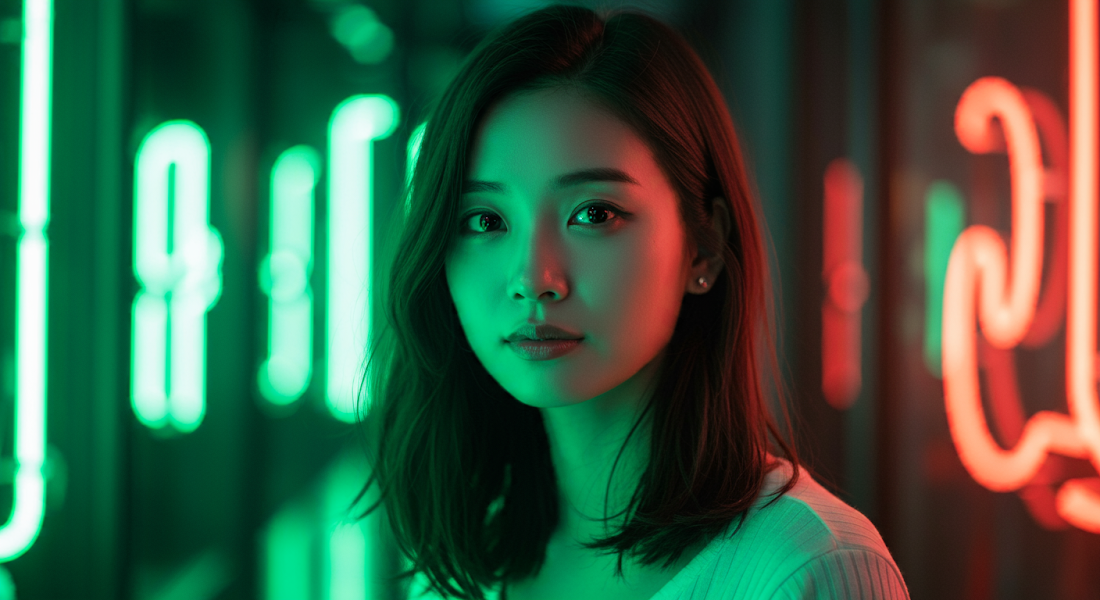 AI-generated image using the prompt: a portrait of an Asian woman with neon green lights in the background, shallow depth of field.