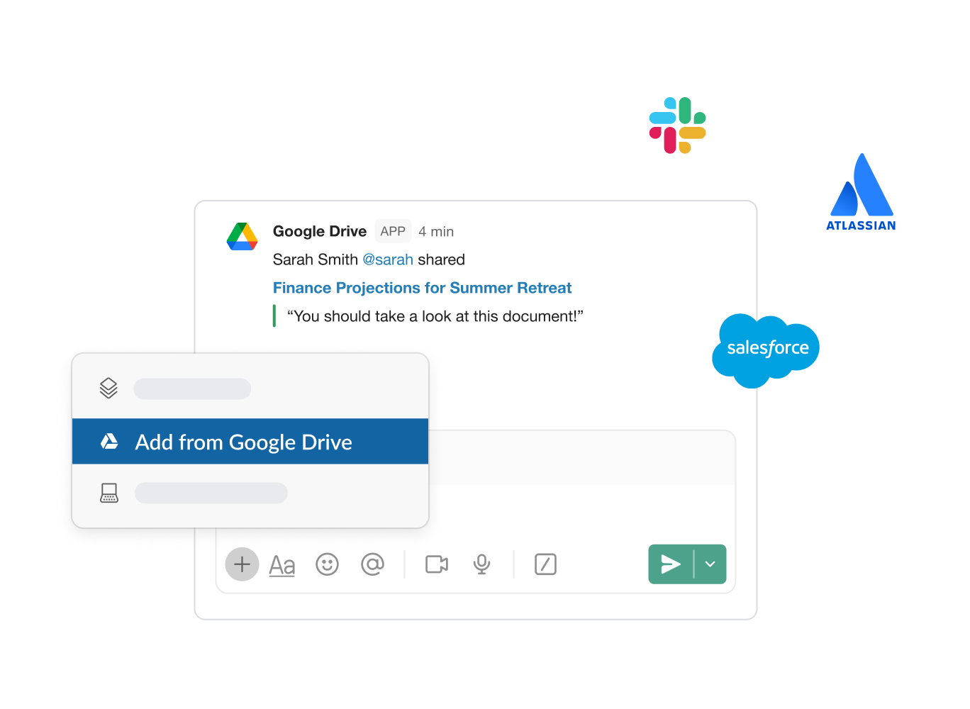 صورة توضّح عملية استيراد ملف من Google Drive إلى تطبيق خارجي، مثل Salesforce
