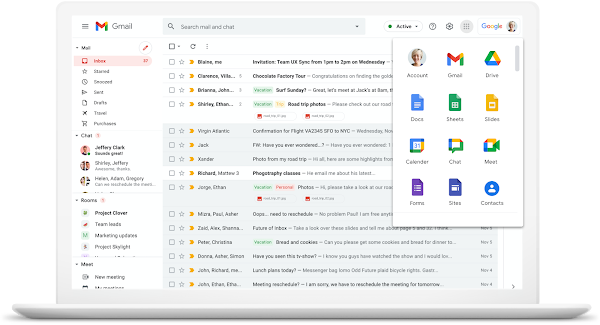 Gmail UI with other Google Workspace apps in settings dropdown 