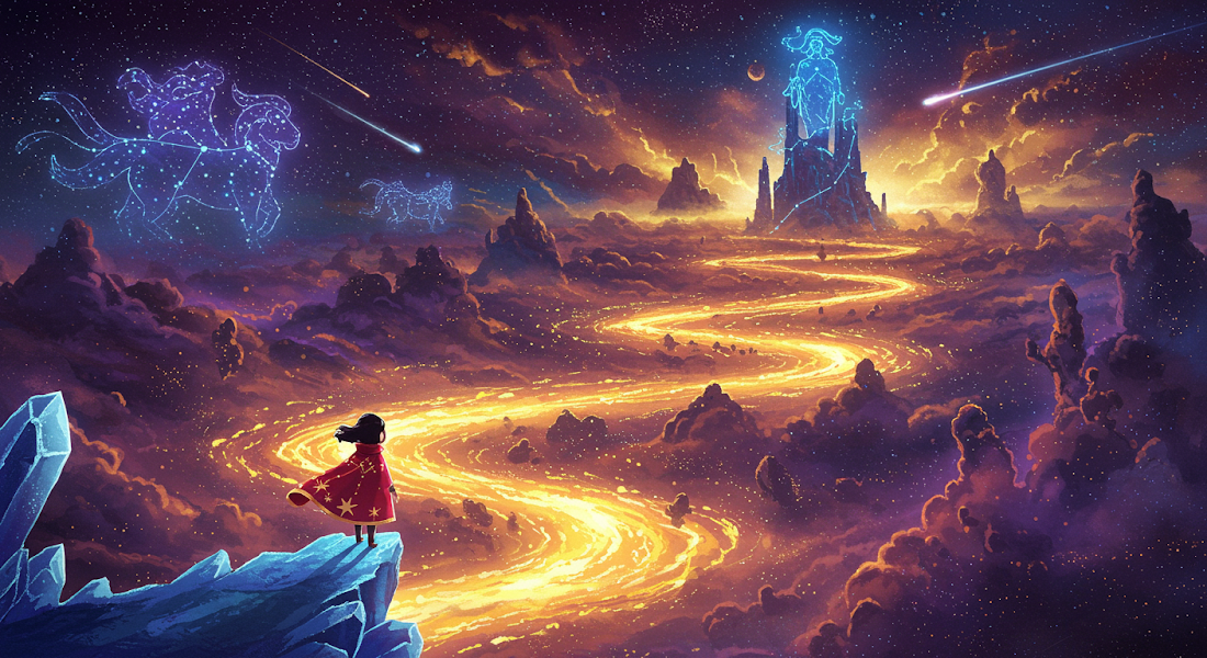 AI-generated image using the prompt: captured in the style of a high-budget animated film with vibrant, painterly textures, the frame reveals an expansive celestial landscape filled with glowing nebulae in vivid purples, blues, and golds. The protagonist, a small female figure clad in a flowing cape adorned with star motifs, stands at the edge of a crystalline cliff. Below, rivers of molten stardust wind through the galaxy, their golden light shimmering dynamically. Towering constellations shaped like mythical beasts hover in the background, their forms traced in glowing, dotted lines. Shooting stars streak across the vast sky, adding motion and brilliance to the scene. The camera angle is slightly elevated, capturing both the scale of the galaxy and the intimate journey of the protagonist.