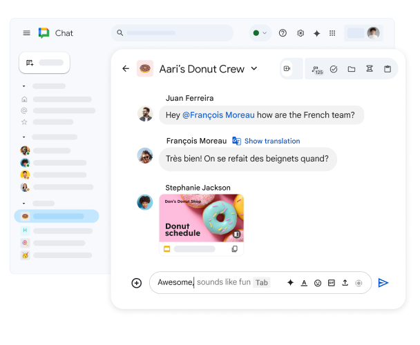 Ruang Google Chat dengan nama ‘Dan’s Donut Crew’ yang menunjukkan presentasi Google Slide yang dibagikan dan pesan dalam bahasa Prancis dengan opsi untuk menampilkan terjemahan.