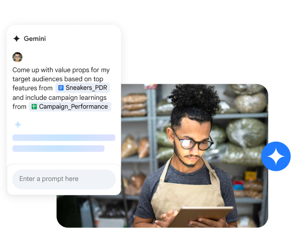 Seorang laki-laki di toko roti sedang menggunakan Gemini untuk Google Workspace guna membantu membuat tabel rangkuman pendapatan penjualan selama Kuartal 1.
