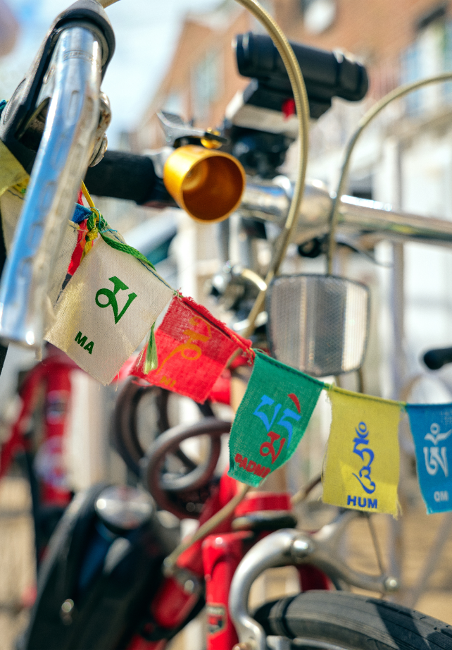 Prayer flags hanging off the handles of a bicycle. 