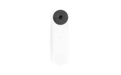 Eine längliche weiße Nest Doorbell mit Kamera.