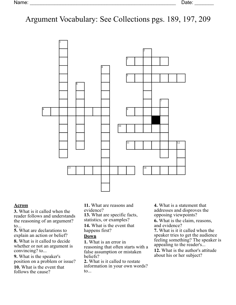 Argument Vocabulary:  See Collections pgs. 189, 197, 209 Crossword