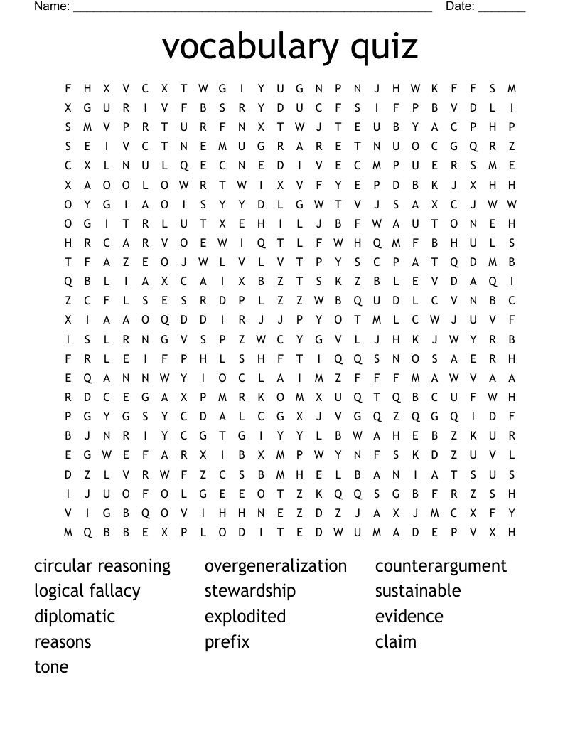 vocabulary quiz Word Search