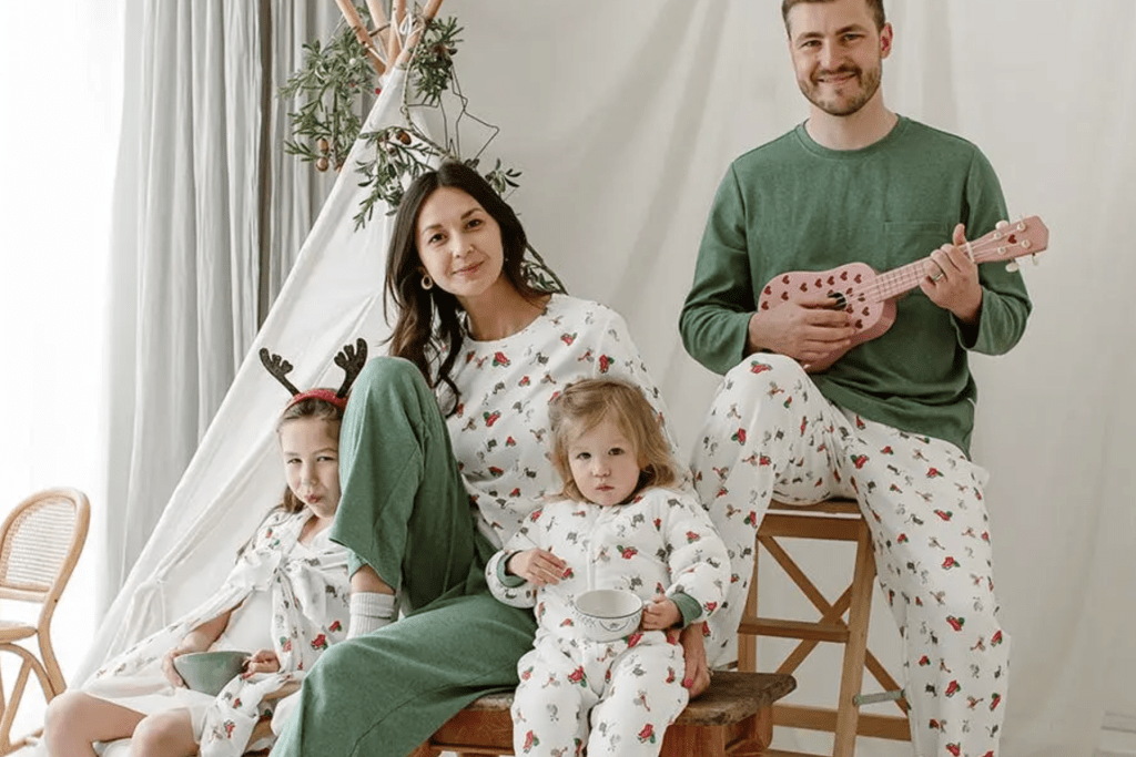 family dressed in matching PJs