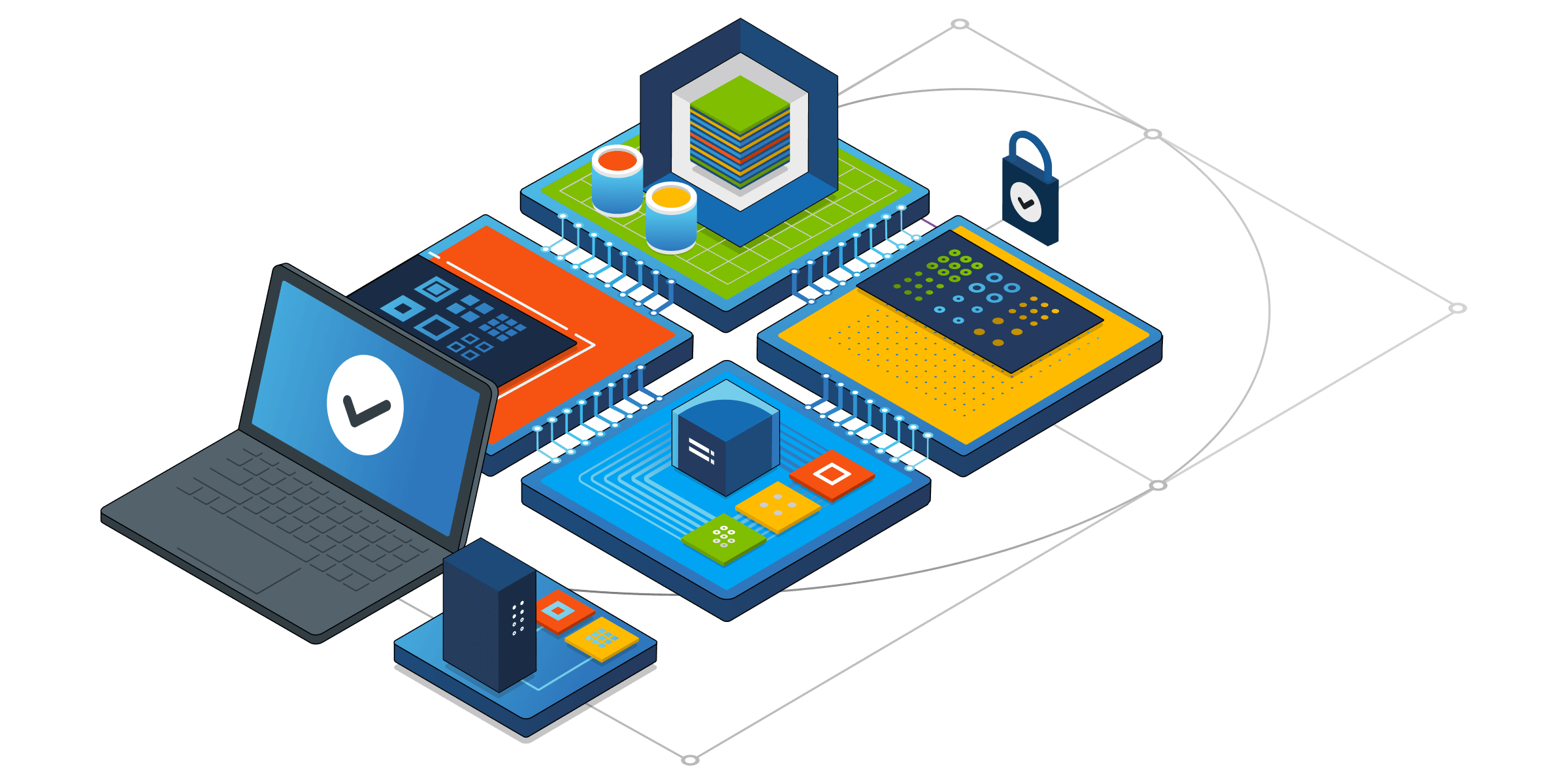 An isometric illustration of technical components for Microsoft 365 services.