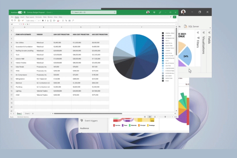 A snap layout featuring PowerPoint and Excel is observed on the screen of a Surface Laptop 5