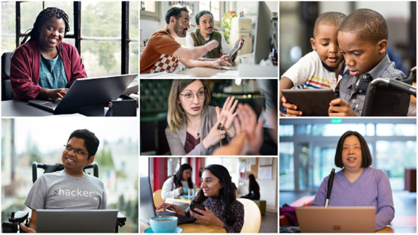 Collage of a variety of individuals with various disabilities interacting with others and using technology