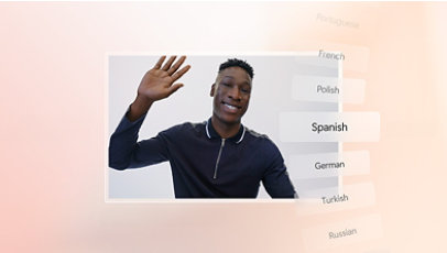 A smiling man waves alongside text which includes a selection of common international languages.