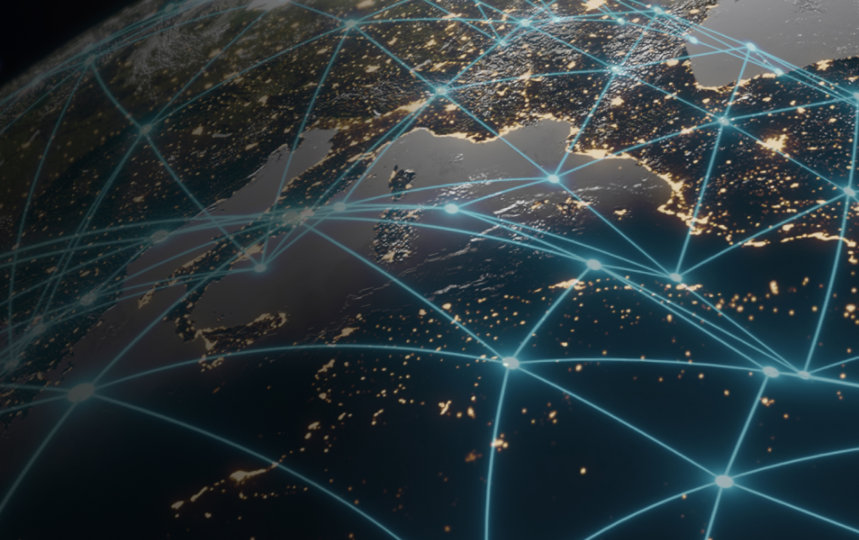 Graphic representation of connected computers networks, reflected as lights interconnected on a global map.