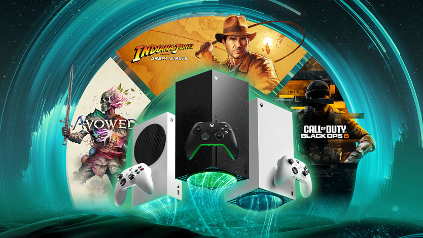 An Xbox Series X 2TB Galaxy Black Special Edition, an Xbox Series S 1TB, an Xbox Series X 1TB, and game art from Indiana Jones and the Great Circle, Avowed, and Call of Duty: Black Ops 6.