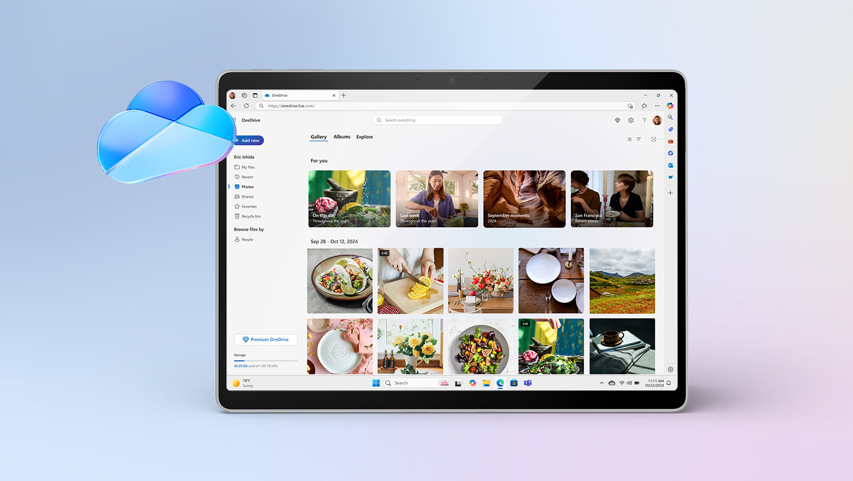 A tablet displays OneDrive with a personal photo gallery.