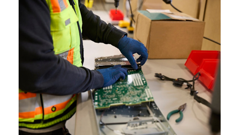 Factory worker assembling a circuitry board.