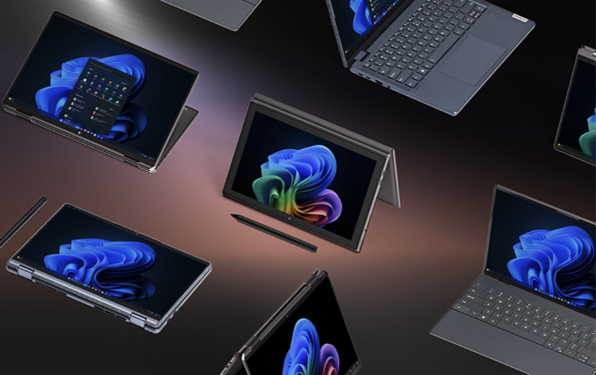 Multiple Windows devices displayed on solid purple background