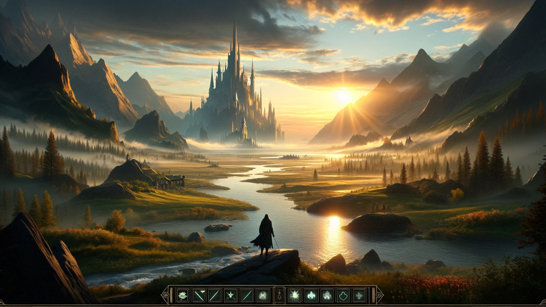 A fantasy landscape featuring a character ready to embark on an adventure