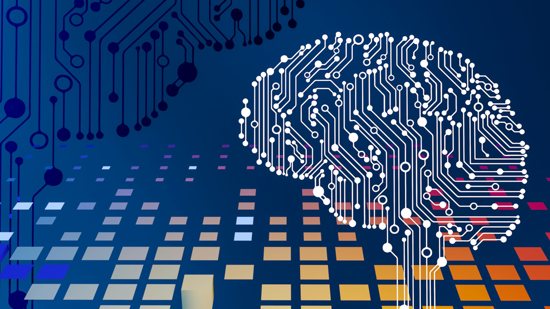 A colorful computer circuit board with a stylized brain outlined in white lines and dots