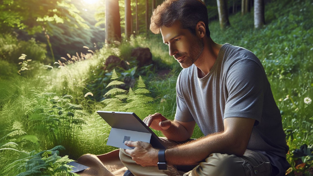 A man using his Surface device in nature and far away from an electrical outlet