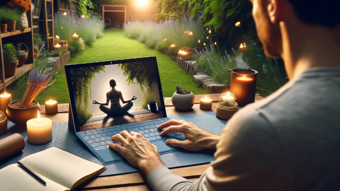 A man watching a yoga instruction video on his Surface device