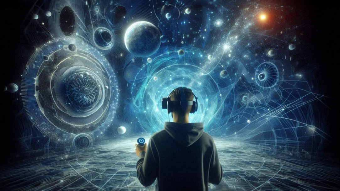 A person playing a virtual reality game in an abstract space setting