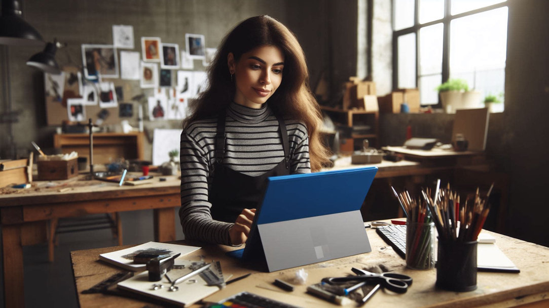 A person sitting at a desk, using an all-in-one computer